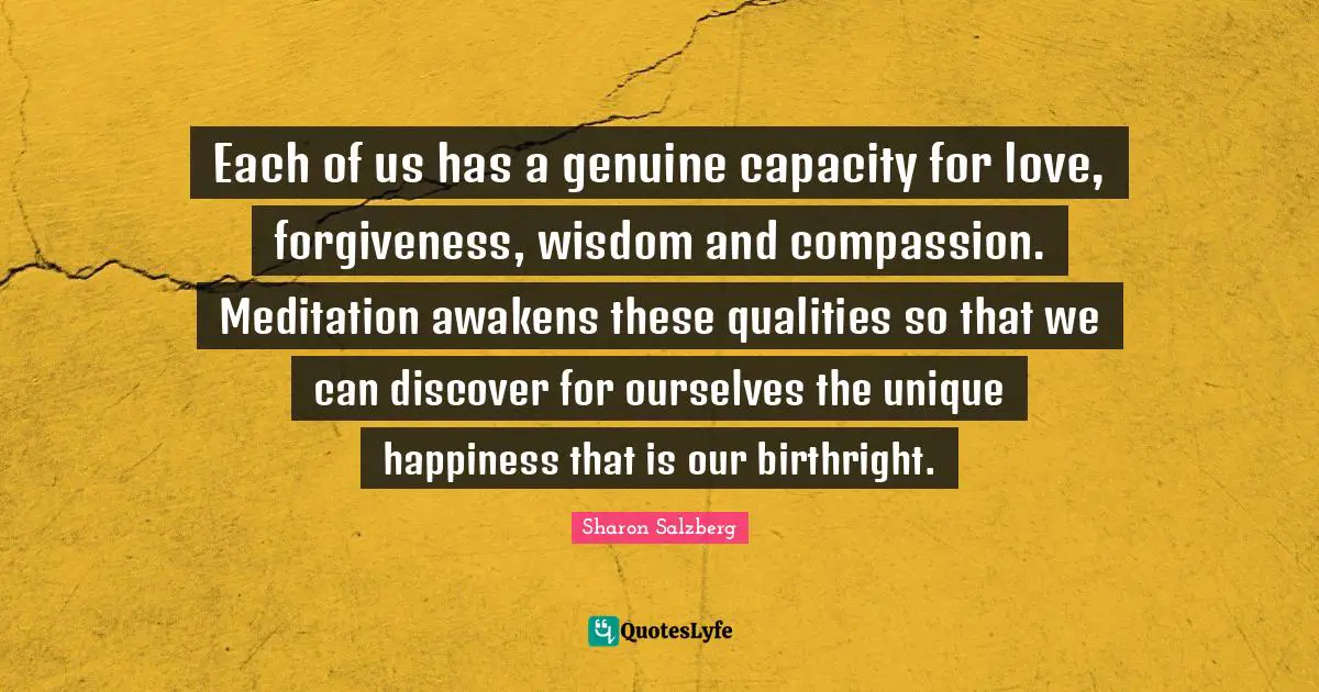 Each of us has a genuine capacity for love, forgiveness, wisdom and compassion. Meditation awakens these qualities so that we can discover for ourselves the unique happiness that is our birthright.