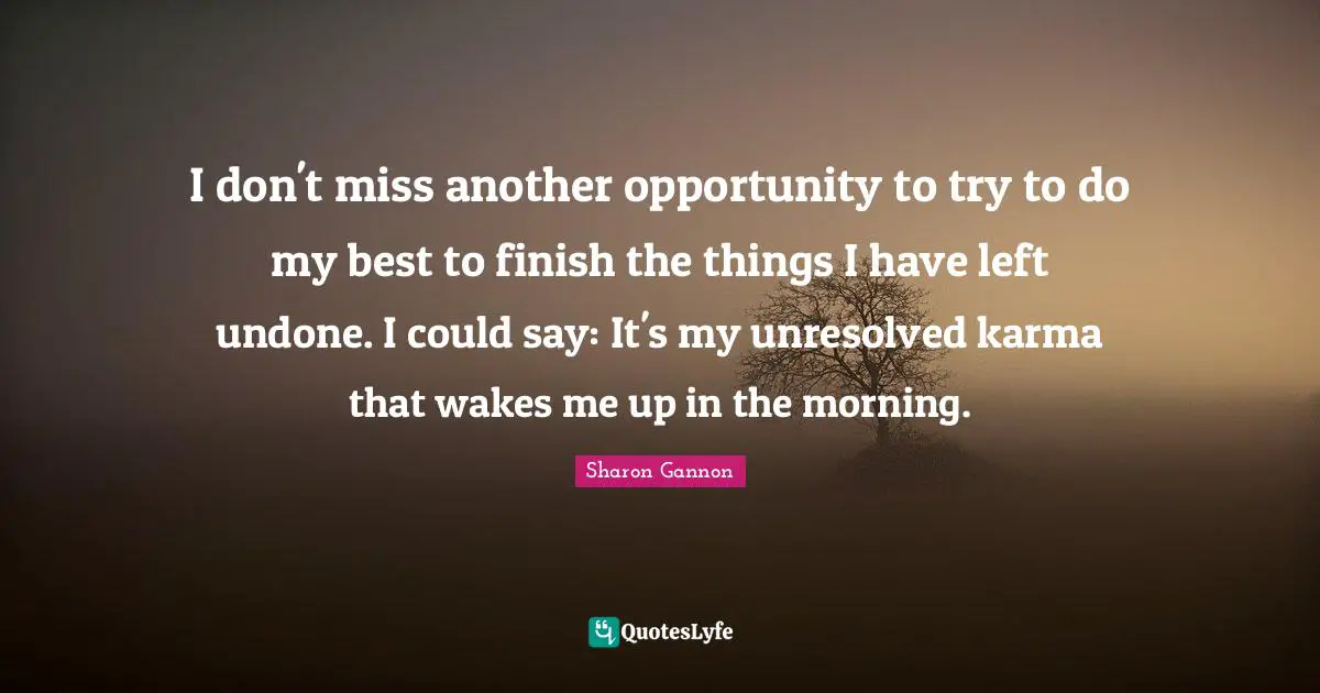 I don't miss another opportunity to try to do my best to finish the things I have left undone. I could say: It's my unresolved karma that wakes me up in the morning.
