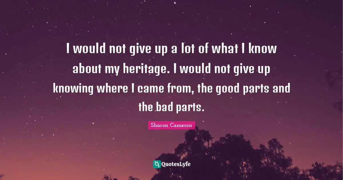 I would not give up a lot of what I know about my heritage. I would not give up knowing where I came from, the good parts and the bad parts.