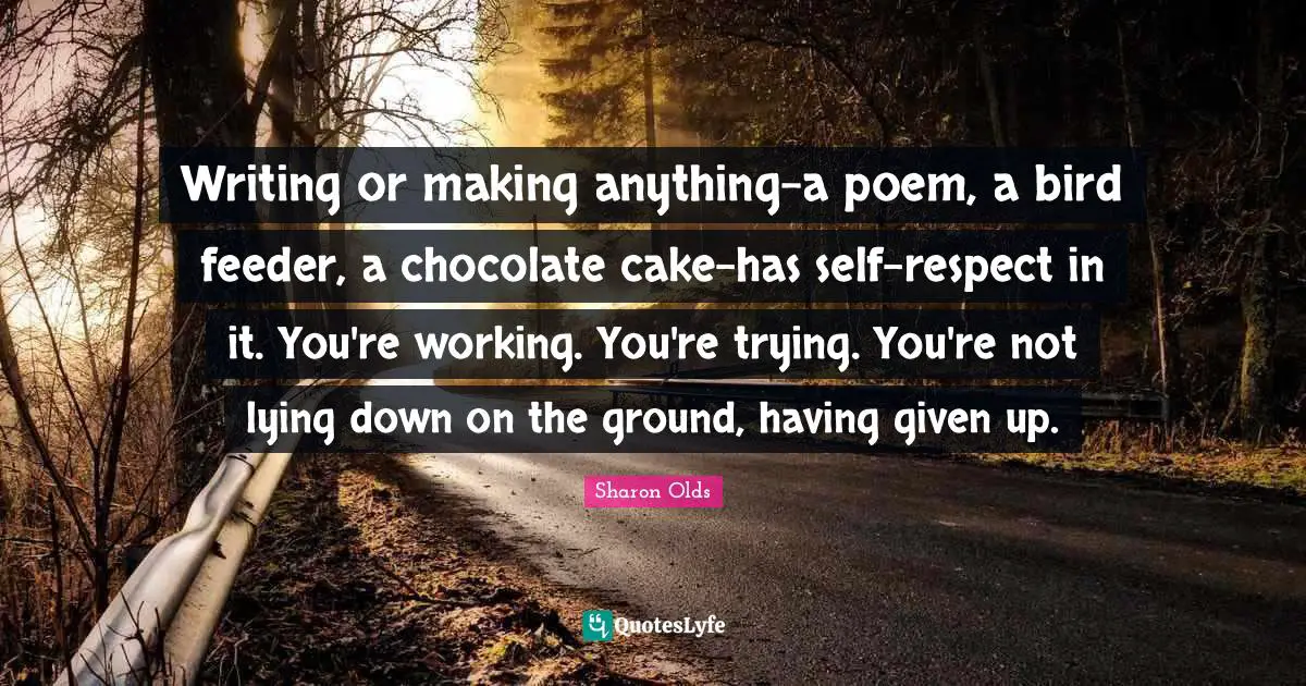 Writing or making anything-a poem, a bird feeder, a chocolate cake-has self-respect in it. You're working. You're trying. You're not lying down on the ground, having given up.