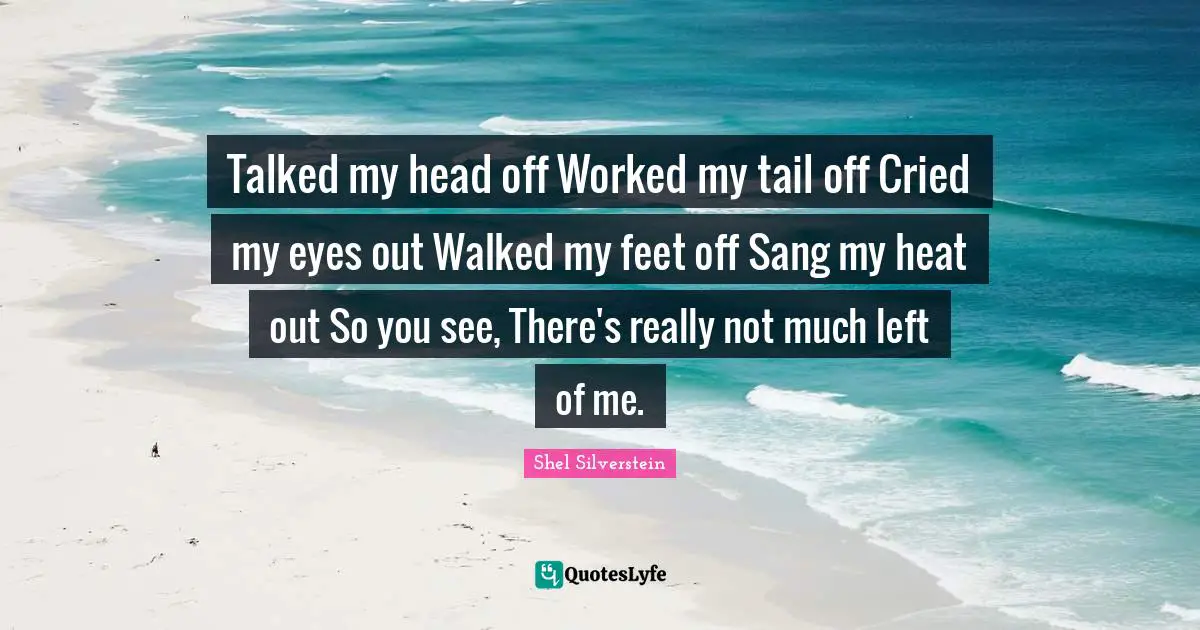 Talked my head off Worked my tail off Cried my eyes out Walked my feet off Sang my heat out So you see, There's really not much left of me.