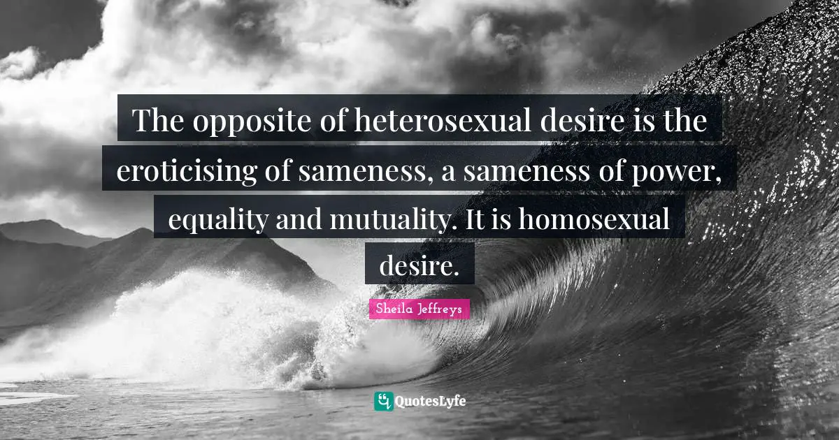 The opposite of heterosexual desire is the eroticising of sameness, a sameness of power, equality and mutuality. It is homosexual desire.