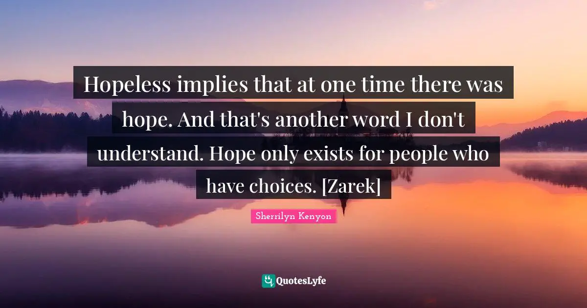 Hopeless implies that at one time there was hope. And that's another word I don't understand. Hope only exists for people who have choices. [Zarek]