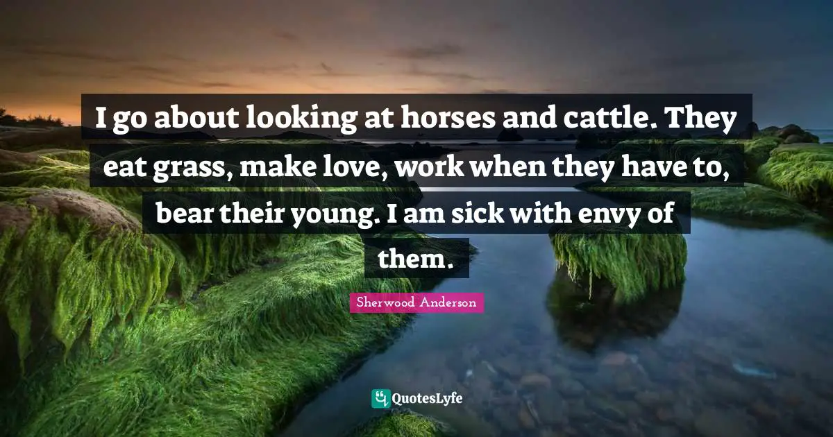 I go about looking at horses and cattle. They eat grass, make love, work when they have to, bear their young. I am sick with envy of them.