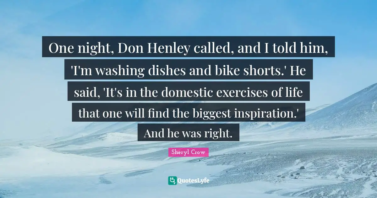 One night, Don Henley called, and I told him, 'I'm washing dishes and bike shorts.' He said, 'It's in the domestic exercises of life that one will find the biggest inspiration.' And he was right.