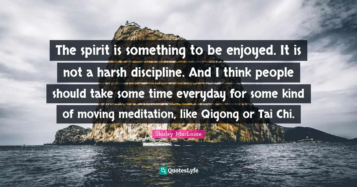 Tai Chi Quotes: "The spirit is something to be enjoyed. It is not a harsh discipline. And I think people should take some time everyday for some kind of moving meditation, like Qigong or Tai Chi."