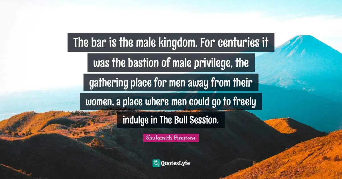 The bar is the male kingdom. For centuries it was the bastion of male privilege, the gathering place for men away from their women, a place where men could go to freely indulge in The Bull Session.