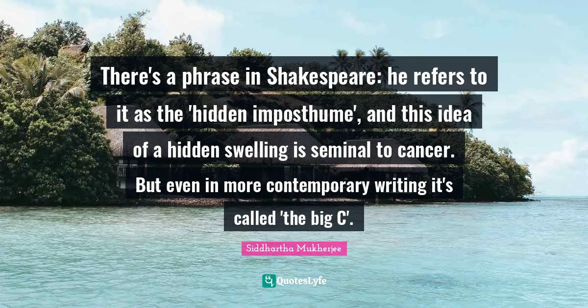 There's a phrase in Shakespeare: he refers to it as the 'hidden imposthume', and this idea of a hidden swelling is seminal to cancer. But even in more contemporary writing it's called 'the big C'.
