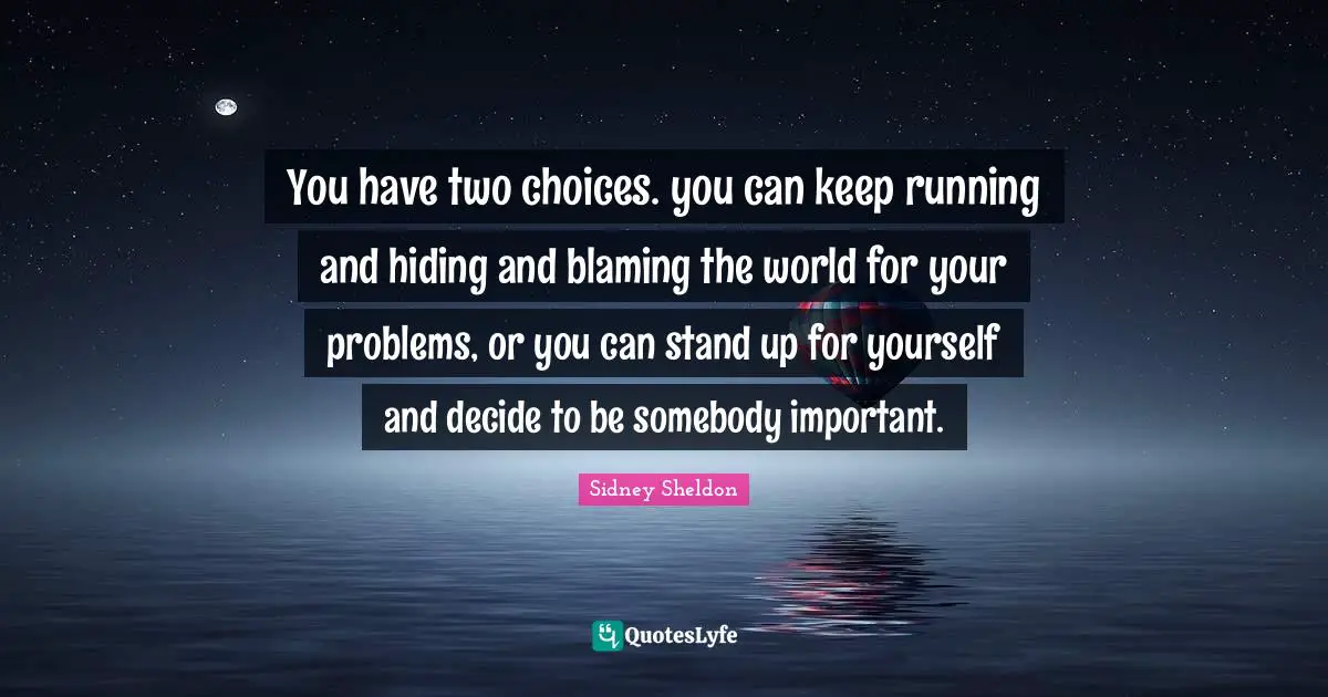 Sidney Sheldon Quotes: You have two choices. you can keep running and hiding and blaming the world for your problems, or you can stand up for yourself and decide to be somebody important.