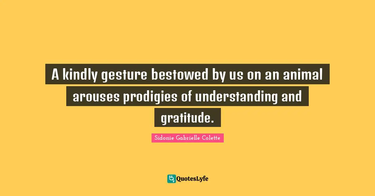 Sidonie Gabrielle Colette Quotes: "A kindly gesture bestowed by us on an animal arouses prodigies of understanding and gratitude."