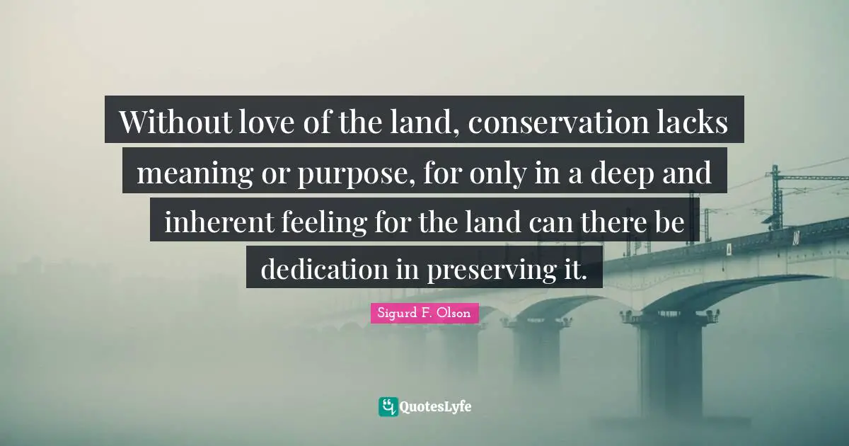 Land Quotes: "Without love of the land, conservation lacks meaning or purpose, for only in a deep and inherent feeling for the land can there be dedication in preserving it."