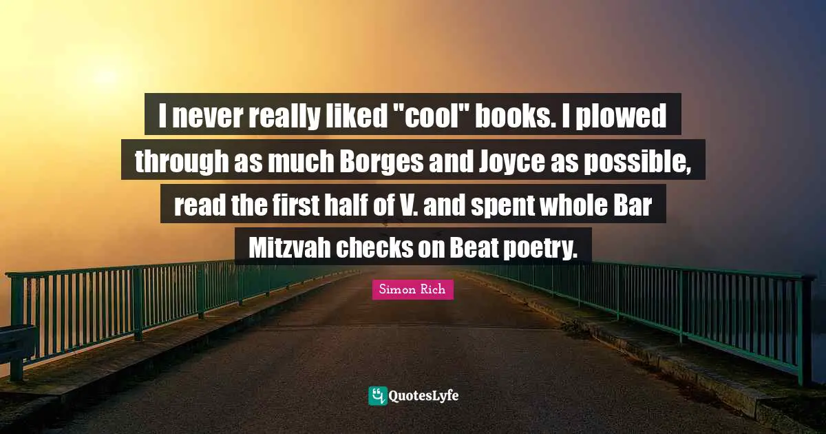 I never really liked "cool" books. I plowed through as much Borges and Joyce as possible, read the first half of V. and spent whole Bar Mitzvah checks on Beat poetry.