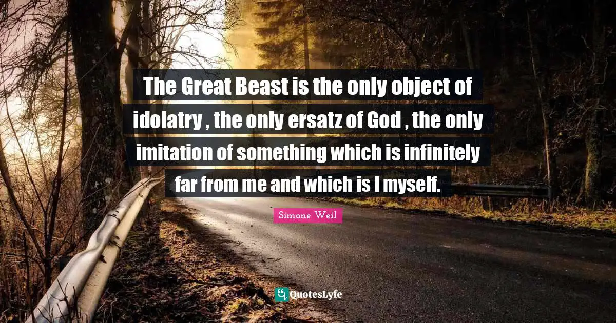 The Great Beast is the only object of idolatry , the only ersatz of God , the only imitation of something which is infinitely far from me and which is I myself.