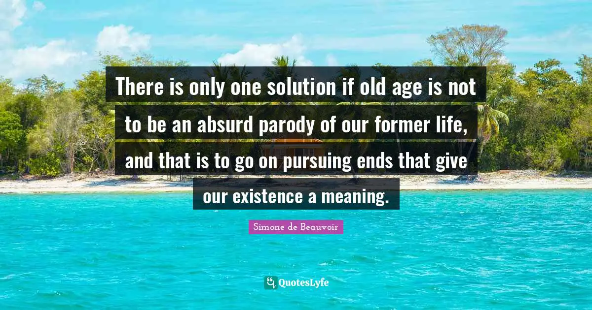 There is only one solution if old age is not to be an absurd parody of our former life, and that is to go on pursuing ends that give our existence a meaning.