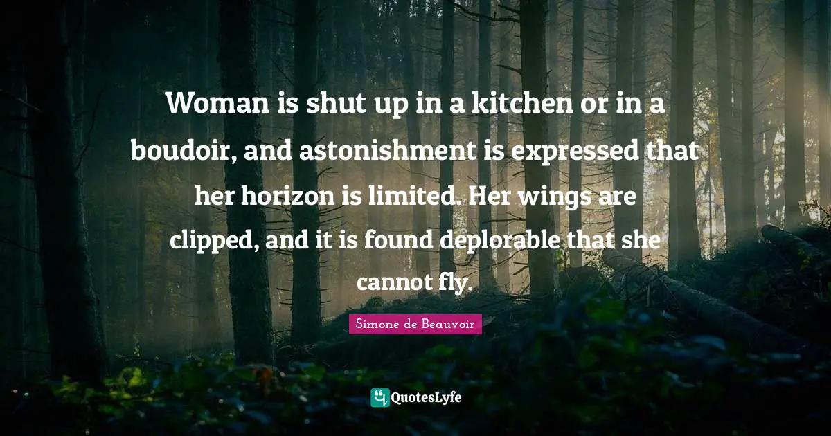 Boudoir Quotes: "Woman is shut up in a kitchen or in a boudoir, and astonishment is expressed that her horizon is limited. Her wings are clipped, and it is found deplorable that she cannot fly."