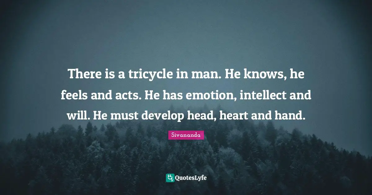 There is a tricycle in man. He knows, he feels and acts. He has emotion, intellect and will. He must develop head, heart and hand.