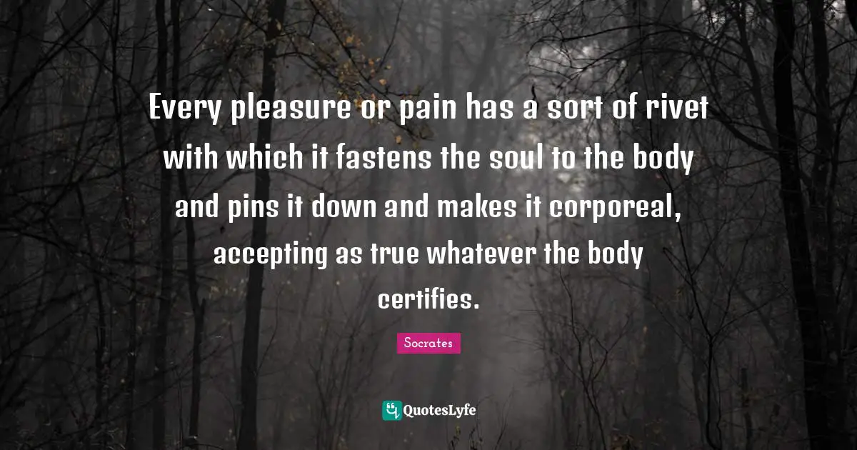 Every pleasure or pain has a sort of rivet with which it fastens the soul to the body and pins it down and makes it corporeal, accepting as true whatever the body certifies.