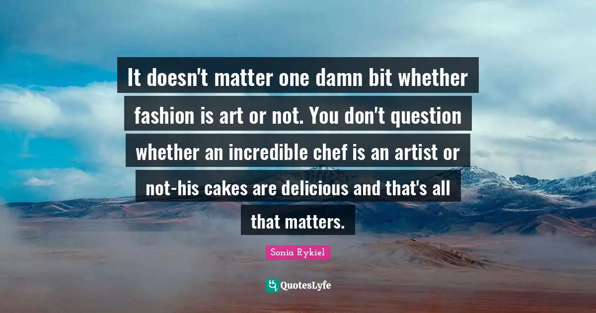 It doesn't matter one damn bit whether fashion is art or not. You don't question whether an incredible chef is an artist or not-his cakes are delicious and that's all that matters.