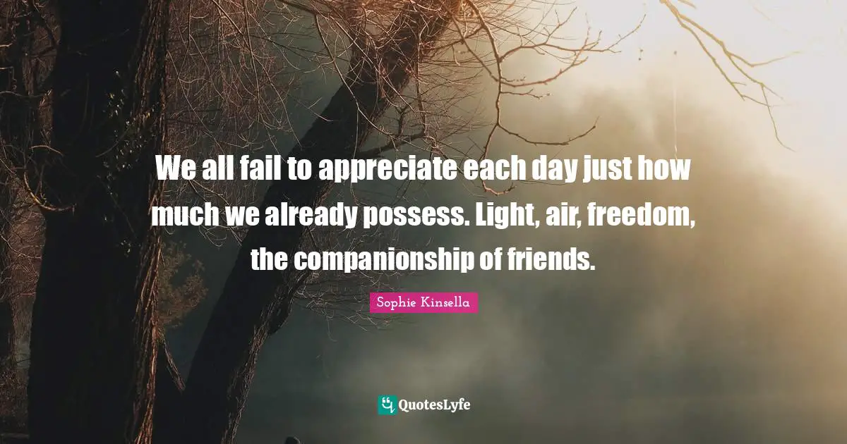 We all fail to appreciate each day just how much we already possess. Light, air, freedom, the companionship of friends.