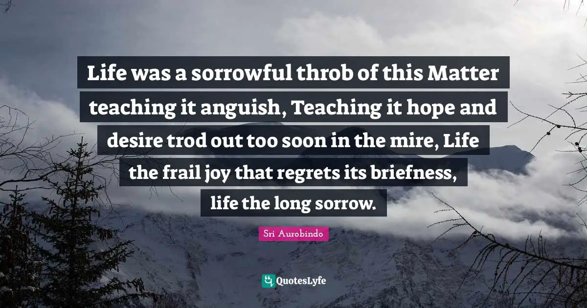 Life was a sorrowful throb of this Matter teaching it anguish, Teaching it hope and desire trod out too soon in the mire, Life the frail joy that regrets its briefness, life the long sorrow.