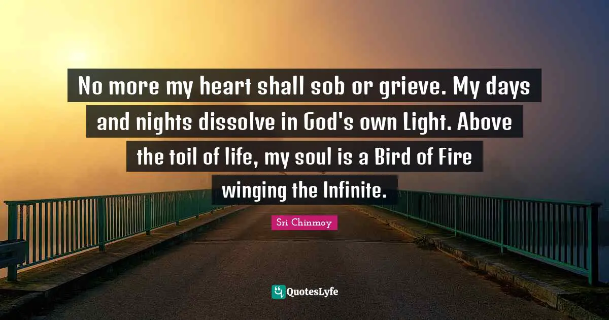 No more my heart shall sob or grieve. My days and nights dissolve in God's own Light. Above the toil of life, my soul is a Bird of Fire winging the Infinite.