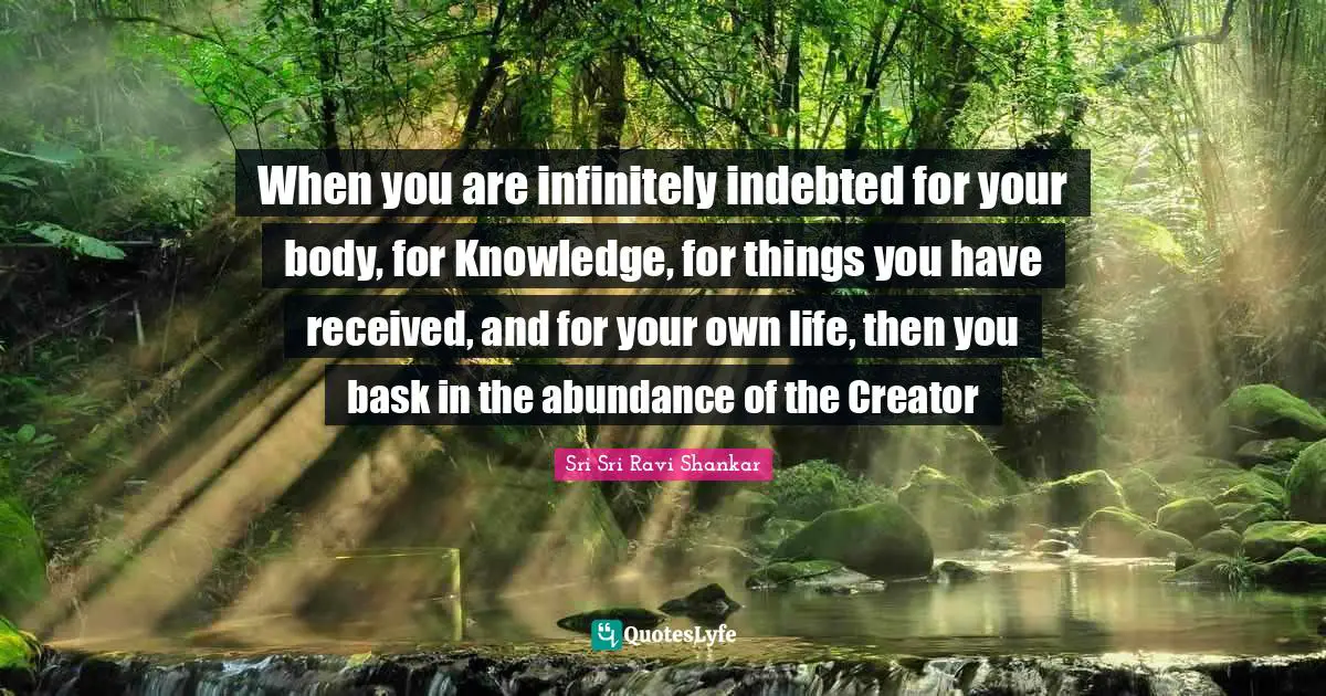 Indebted Quotes: "When you are infinitely indebted for your body, for Knowledge, for things you have received, and for your own life, then you bask in the abundance of the Creator"