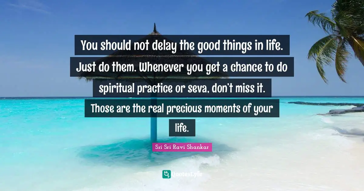 Spiritual Practice Quotes: "You should not delay the good things in life. Just do them. Whenever you get a chance to do spiritual practice or seva, don’t miss it. Those are the real precious moments of your life."