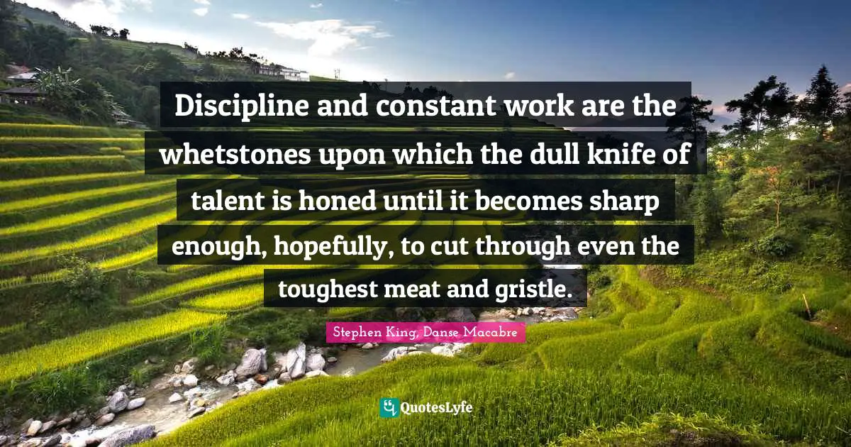 Stephen King, Danse Macabre Quotes: Discipline and constant work are the whetstones upon which the dull knife of talent is honed until it becomes sharp enough, hopefully, to cut through even the toughest meat and gristle.