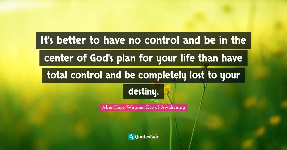 Alisa Hope Wagner Quotes: "It's better to have no control and be in the center of God's plan for your life than have total control and be completely lost to your destiny."