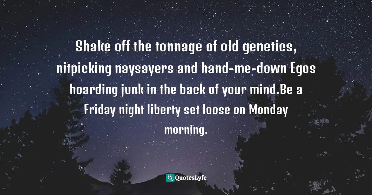 Shake off the tonnage of old genetics, nitpicking naysayers and hand-me-down Egos hoarding junk in the back of your mind.Be a Friday night liberty set loose on Monday morning.