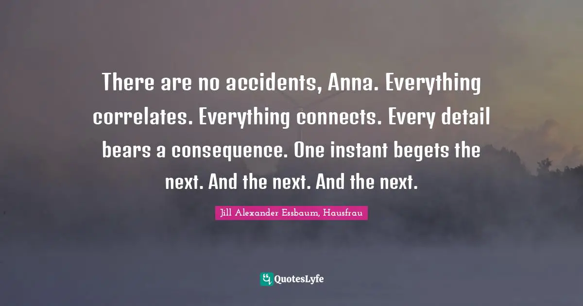 There are no accidents, Anna. Everything correlates. Everything connects. Every detail bears a consequence. One instant begets the next. And the next. And the next.