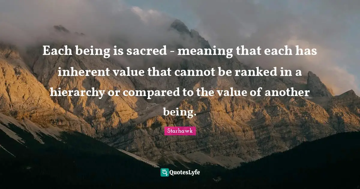 Each being is sacred - meaning that each has inherent value that cannot be ranked in a hierarchy or compared to the value of another being.