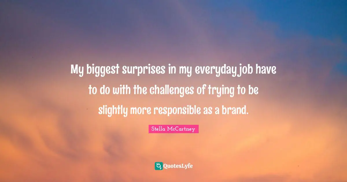 Stella McCartney Quotes: "My biggest surprises in my everyday job have to do with the challenges of trying to be slightly more responsible as a brand."