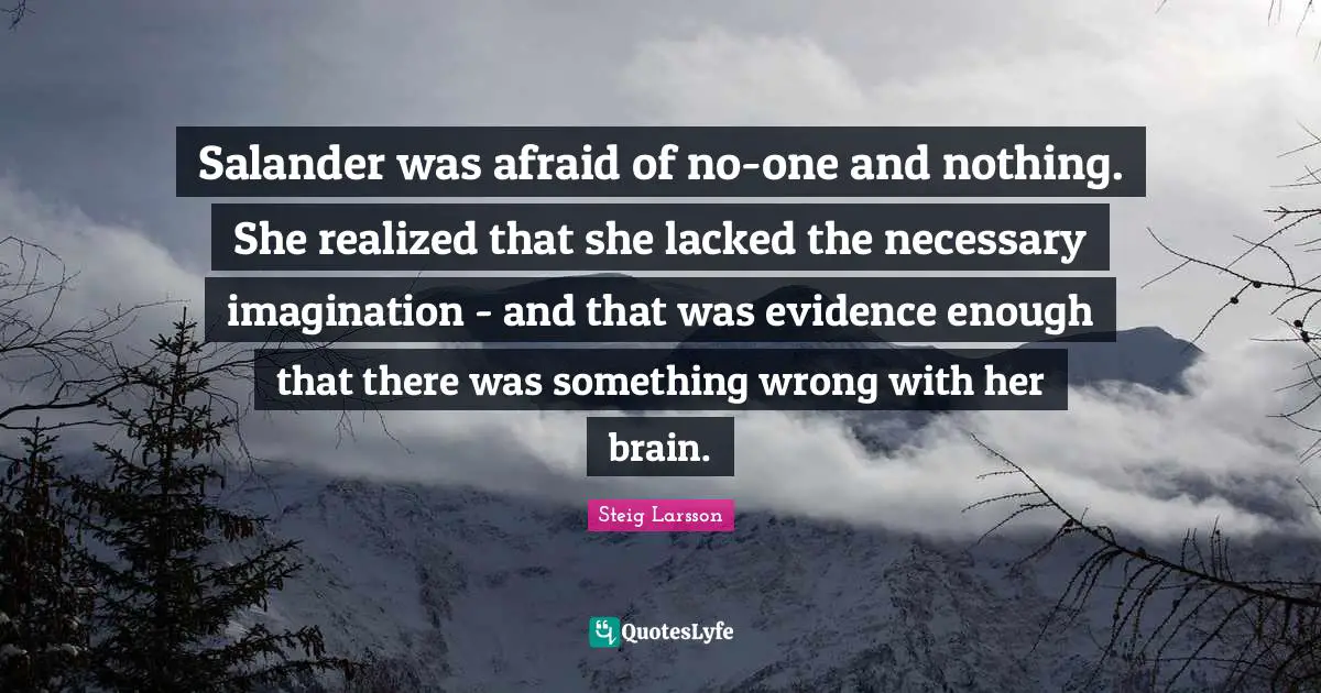 Salander was afraid of no-one and nothing. She realized that she lacked the necessary imagination - and that was evidence enough that there was something wrong with her brain.