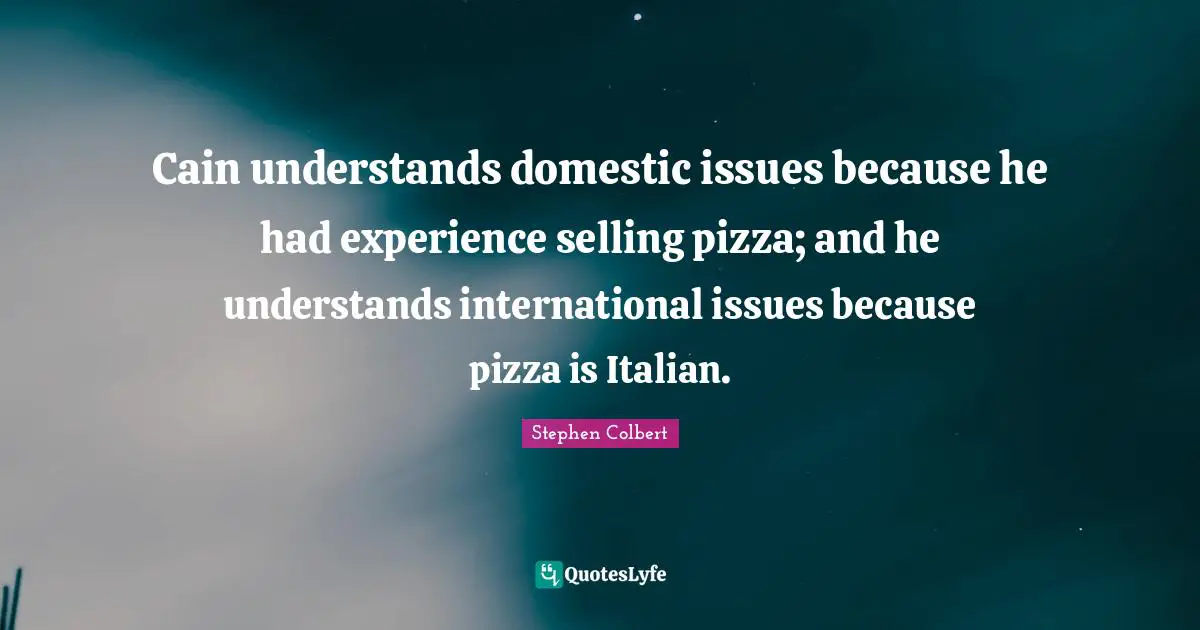 Cain understands domestic issues because he had experience selling pizza; and he understands international issues because pizza is Italian.