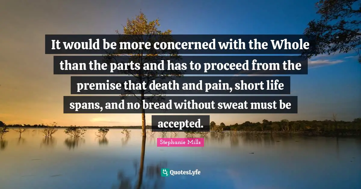 It would be more concerned with the Whole than the parts and has to proceed from the premise that death and pain, short life spans, and no bread without sweat must be accepted.