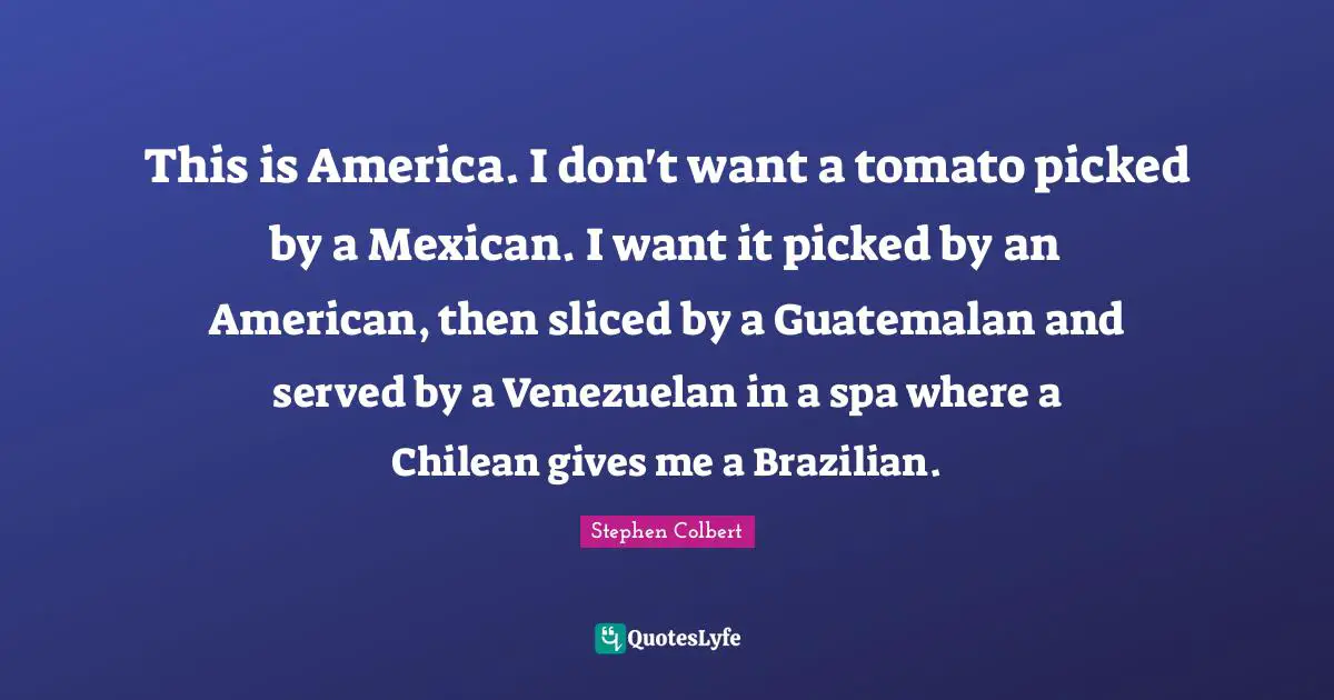 This is America. I don't want a tomato picked by a Mexican. I want it picked by an American, then sliced by a Guatemalan and served by a Venezuelan in a spa where a Chilean gives me a Brazilian.