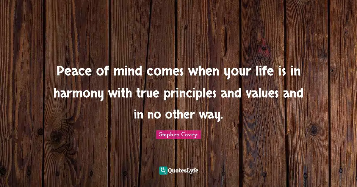 Peace of mind comes when your life is in harmony with true principles and values and in no other way.