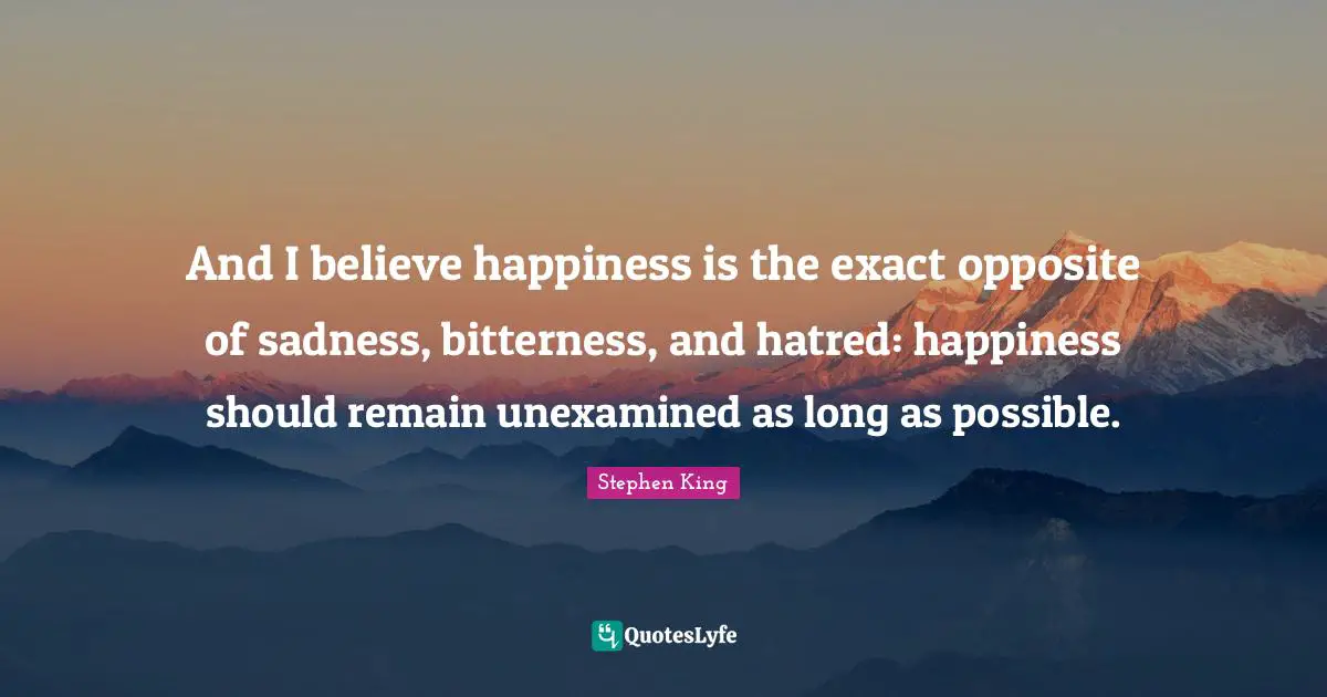 And I believe happiness is the exact opposite of sadness, bitterness, and hatred: happiness should remain unexamined as long as possible.