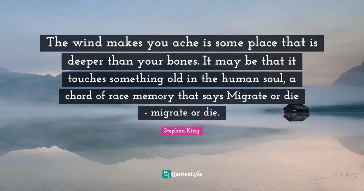 The wind makes you ache is some place that is deeper than your bones. It may be that it touches something old in the human soul, a chord of race memory that says Migrate or die - migrate or die.