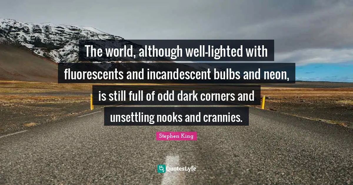 Stephen King Quotes: "The world, although well-lighted with fluorescents and incandescent bulbs and neon, is still full of odd dark corners and unsettling nooks and crannies."