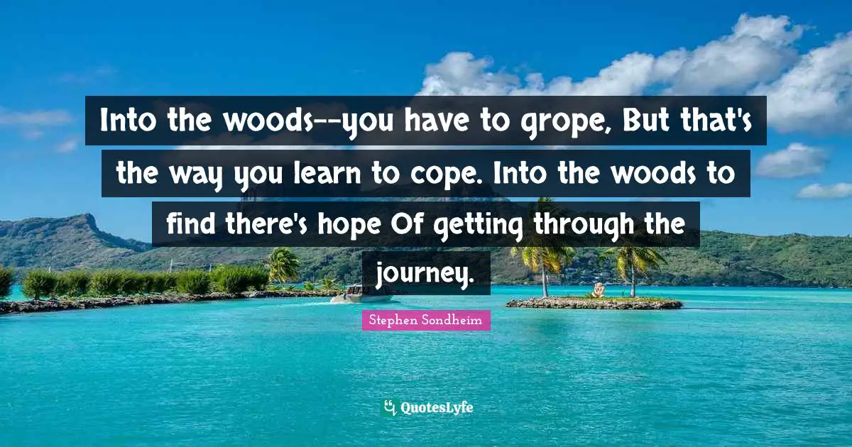Into the woods--you have to grope, But that's the way you learn to cope. Into the woods to find there's hope Of getting through the journey.