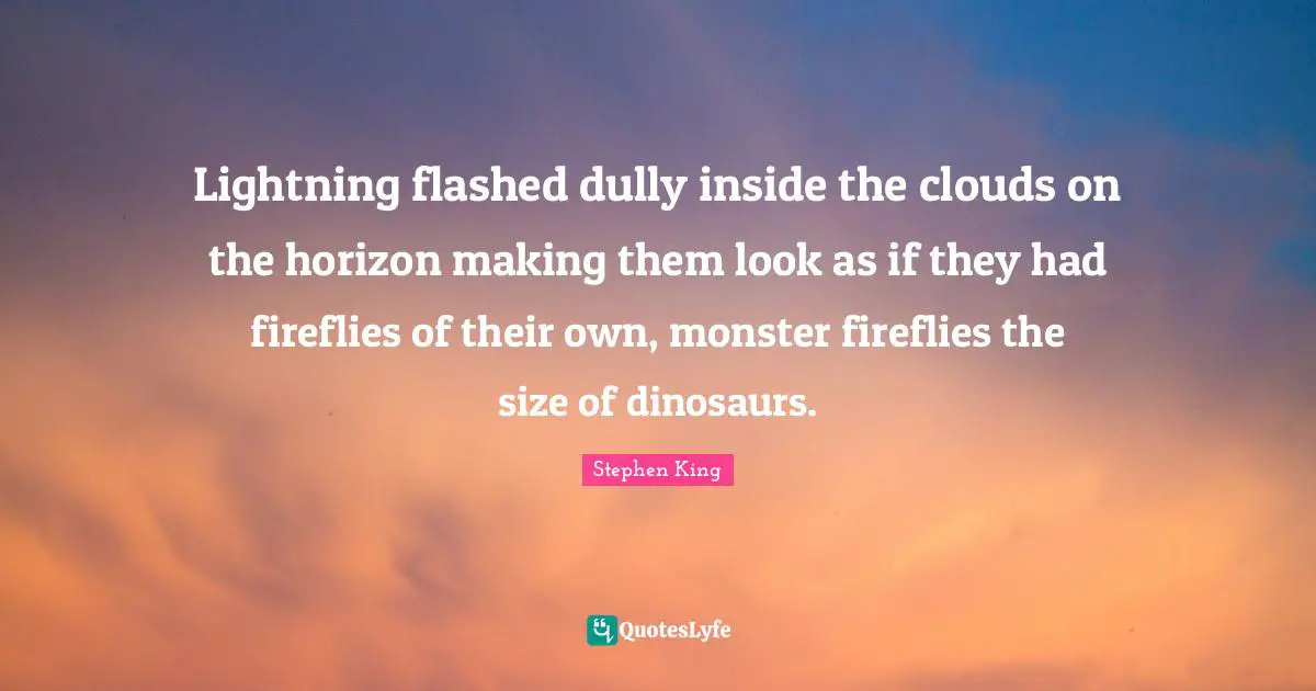 Lightning flashed dully inside the clouds on the horizon making them look as if they had fireflies of their own, monster fireflies the size of dinosaurs.