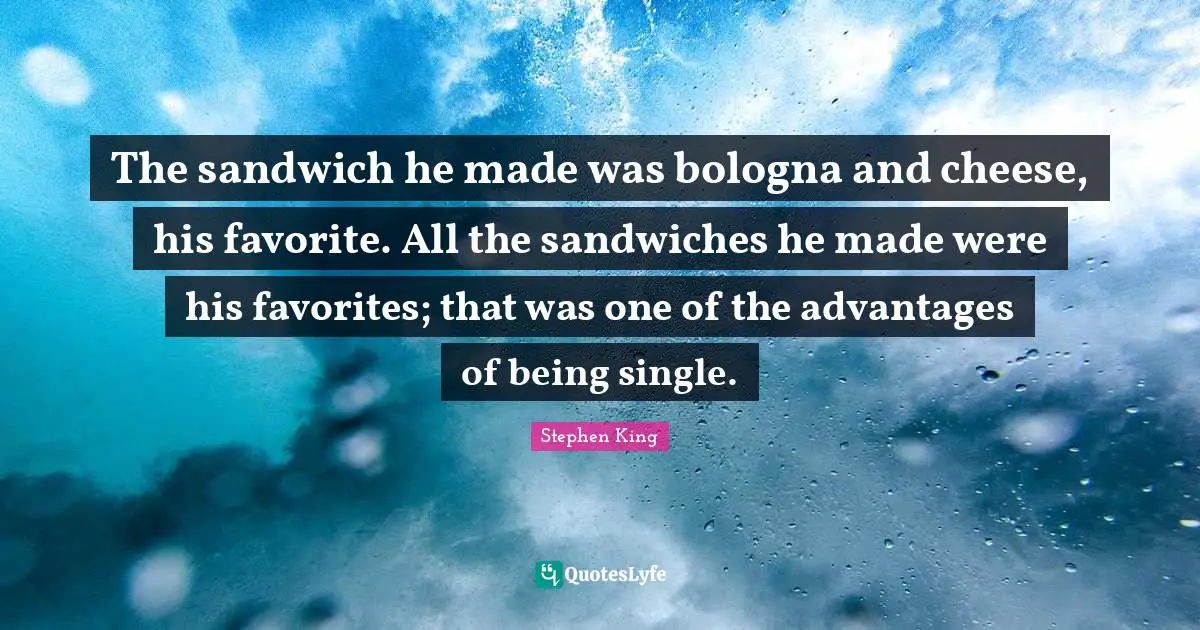 The sandwich he made was bologna and cheese, his favorite. All the sandwiches he made were his favorites; that was one of the advantages of being single.