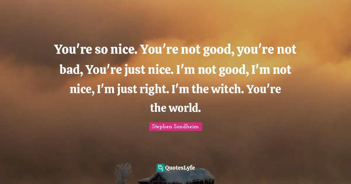 You're so nice. You're not good, you're not bad, You're just nice. I'm not good, I'm not nice, I'm just right. I'm the witch. You're the world.