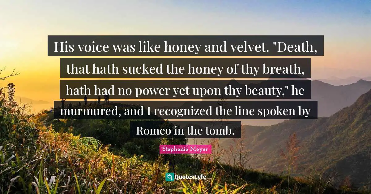 His voice was like honey and velvet. "Death, that hath sucked the honey of thy breath, hath had no power yet upon thy beauty," he murmured, and I recognized the line spoken by Romeo in the tomb.