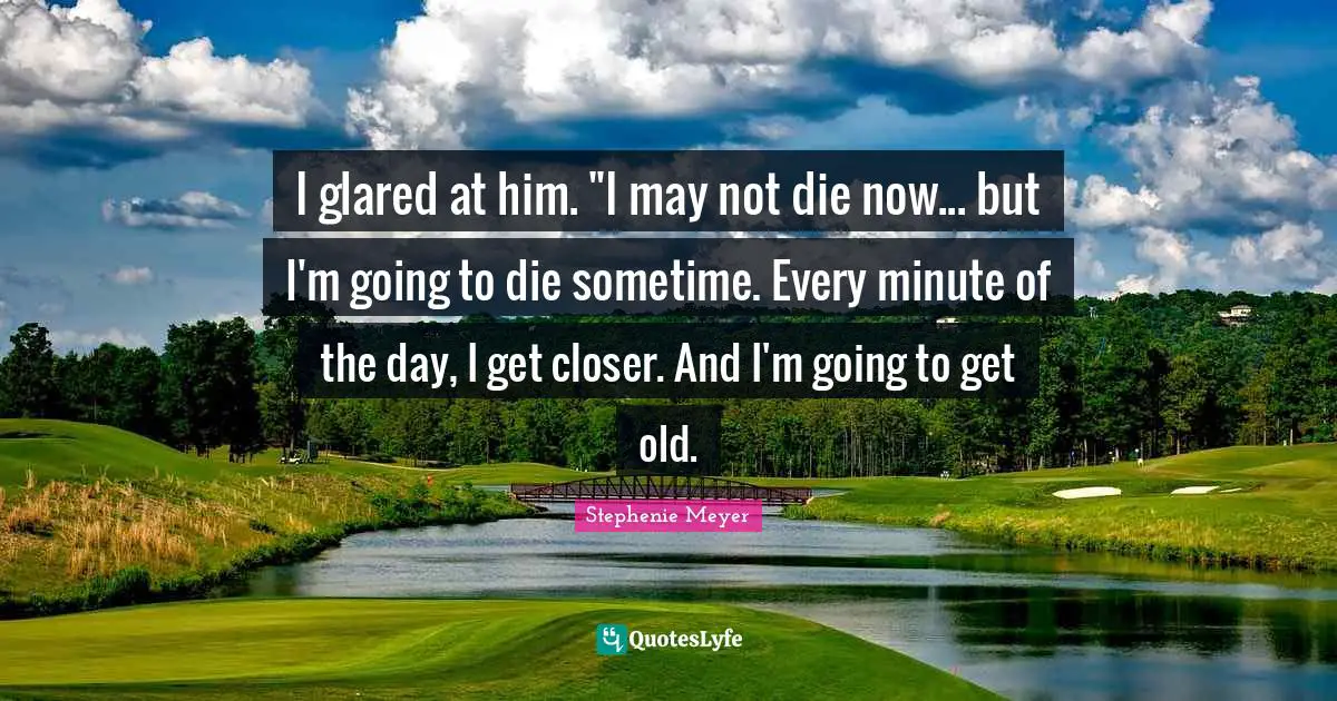 Twilight Quotes: "I glared at him. "I may not die now... but I'm going to die sometime. Every minute of the day, I get closer. And I'm going to get old."