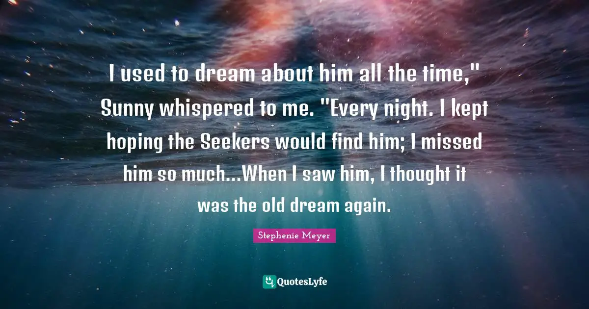I used to dream about him all the time," Sunny whispered to me. "Every night. I kept hoping the Seekers would find him; I missed him so much...When I saw him, I thought it was the old dream again.