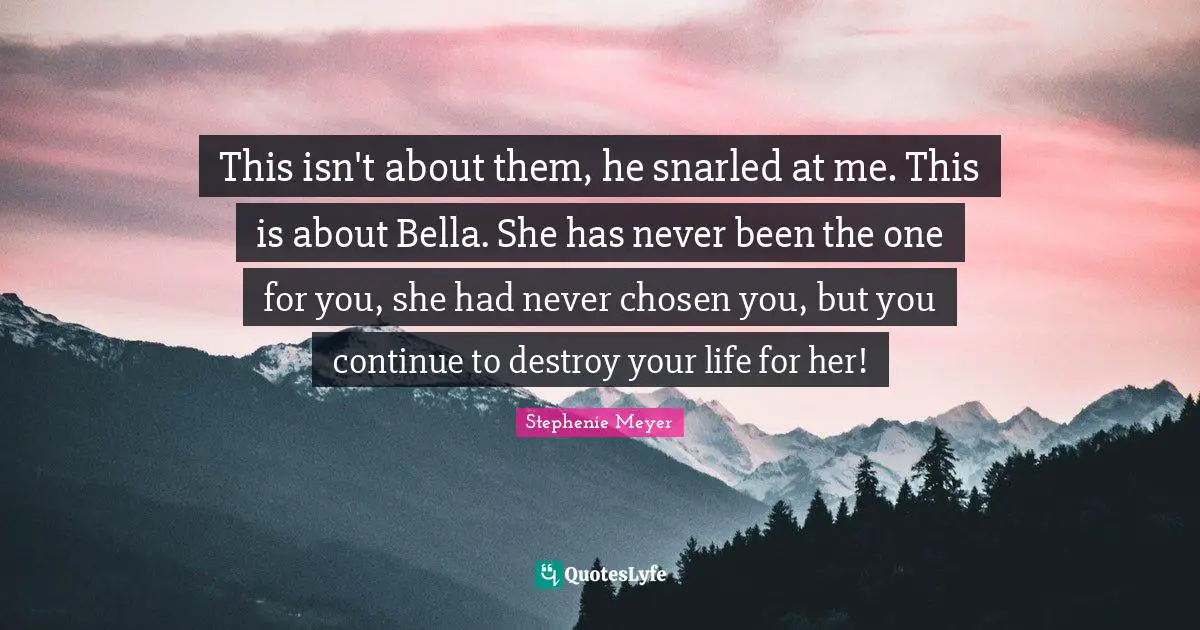 This isn't about them, he snarled at me. This is about Bella. She has never been the one for you, she had never chosen you, but you continue to destroy your life for her!