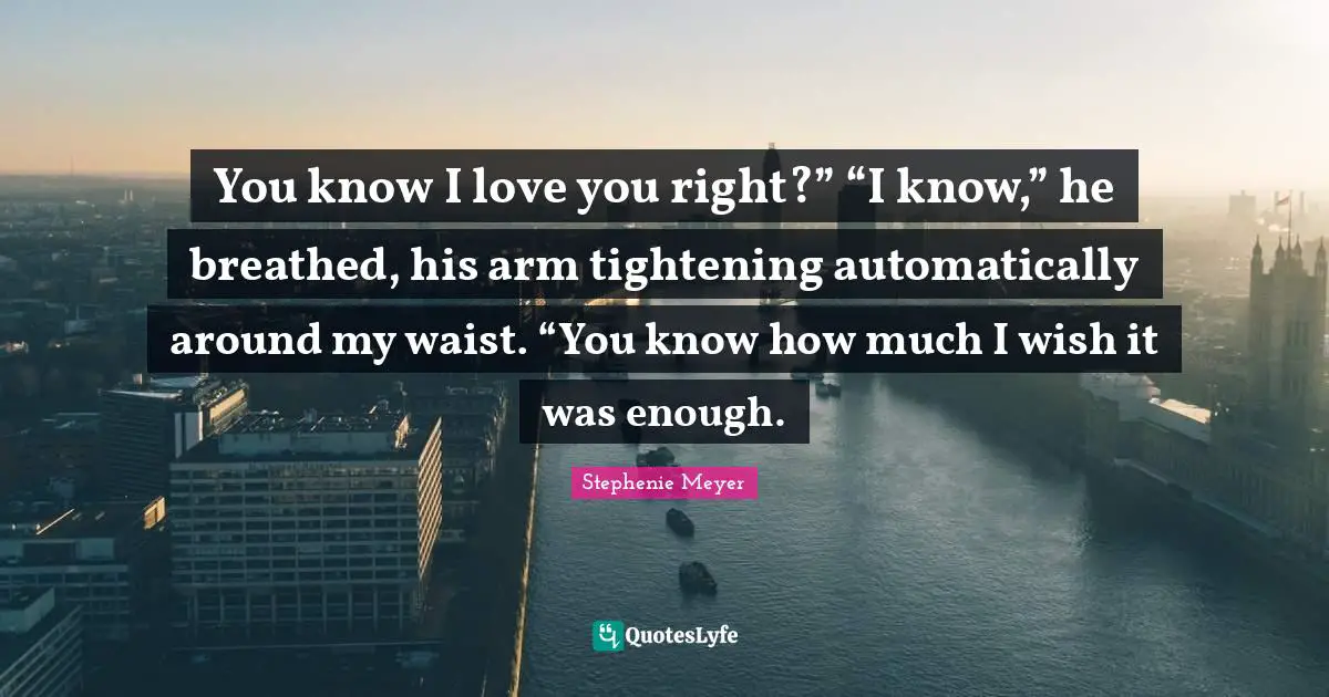You know I love you right?” “I know,” he breathed, his arm tightening automatically around my waist. “You know how much I wish it was enough.